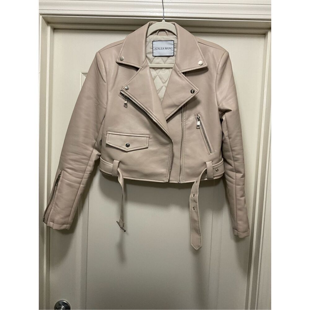 Azalea Wang Faux Leather Beige Moto Cropped Jacket (Size L)